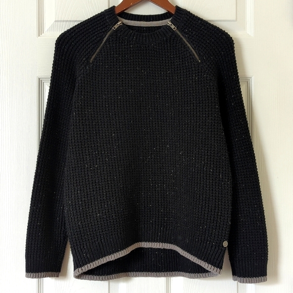 Vans Speckled Waffle Knit Shoulder Zipper Accent Crewneck Sweater Black Gray S - Picture 1 of 10